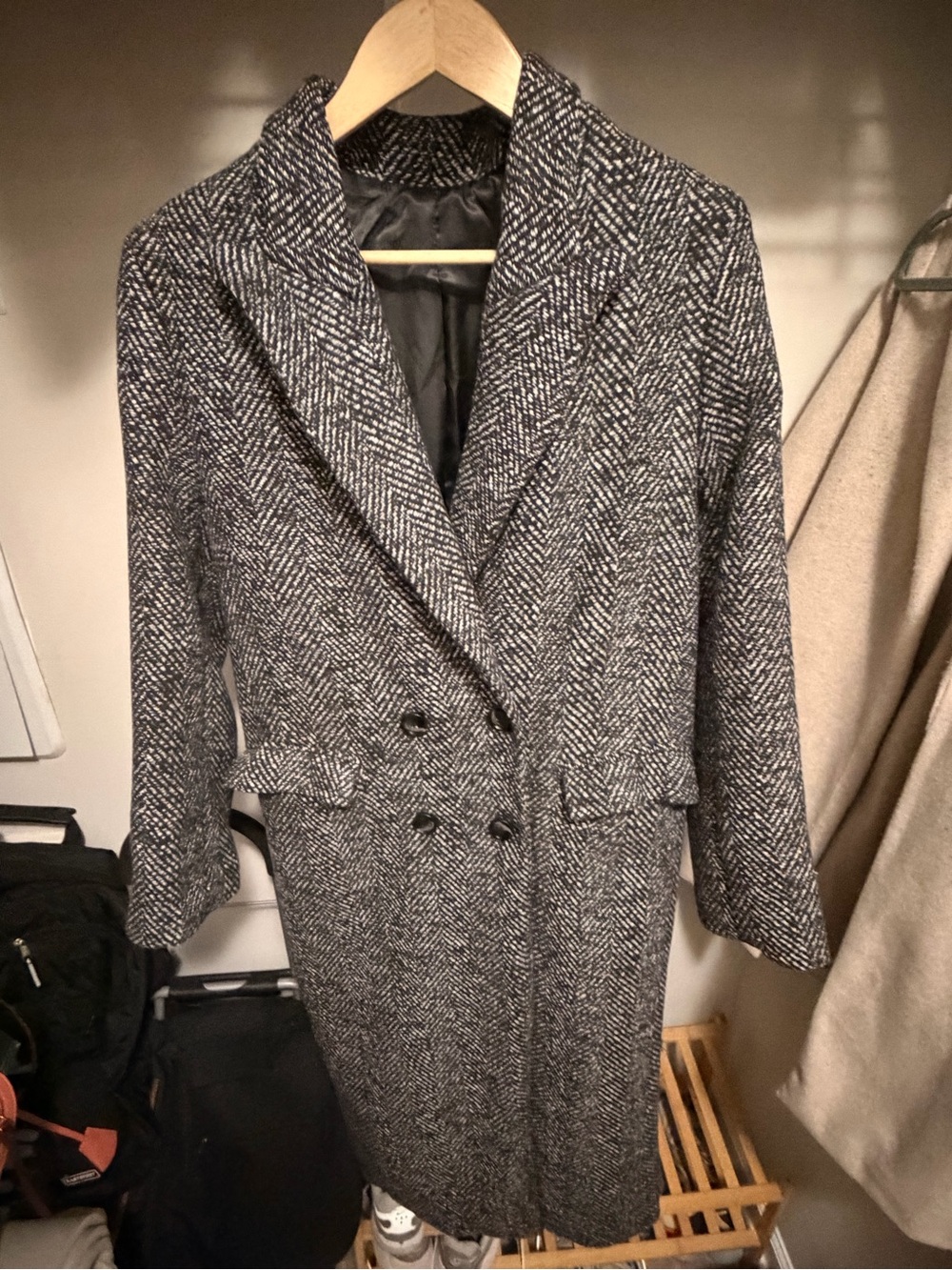 SHEIN Black & White Herringbone Double-Breasted Pea Coat